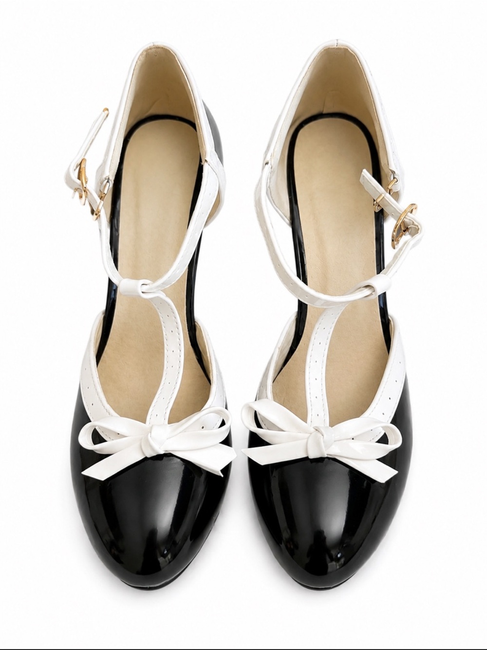 Boutique Coquette Black & White Patent Mary Jane Heels Bow T-Strap EU 39
